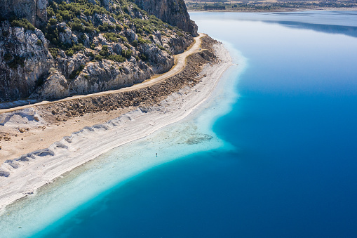 Scenery coast of blue Salda lake sorrounded by mountains at Turkey