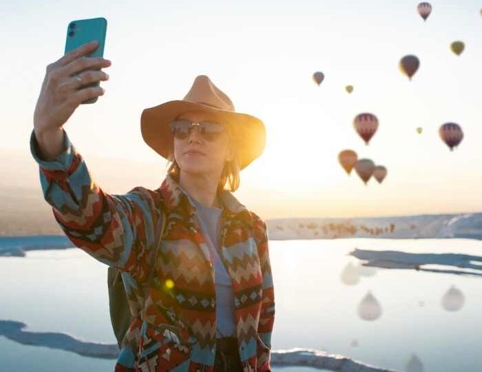 selfie amb globus aerostàtic de Pamukkale